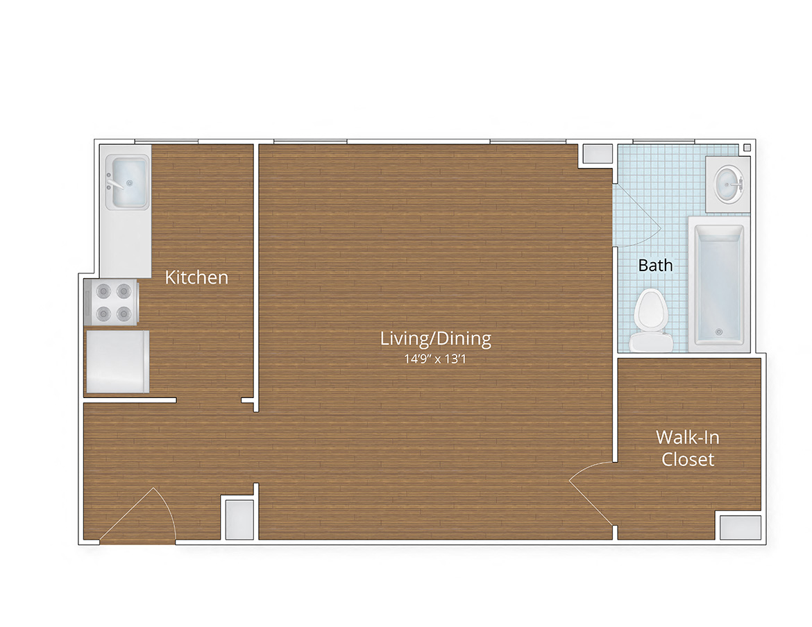 Floor plan for studio, 1 bath, 360 sqft